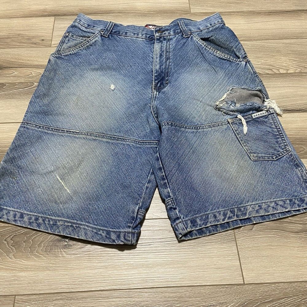 VTG Brooklyn‎ Xpress 32x11 Blue Wide Carpenter Thrashed Jean Shorts Y2K Jorts